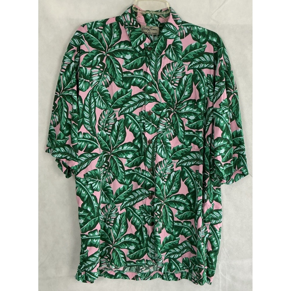 Kenny Flowers Shirt Mens 3XL Pink Green Fronds Rayon Short Sleeve Hawaiian Aloha
